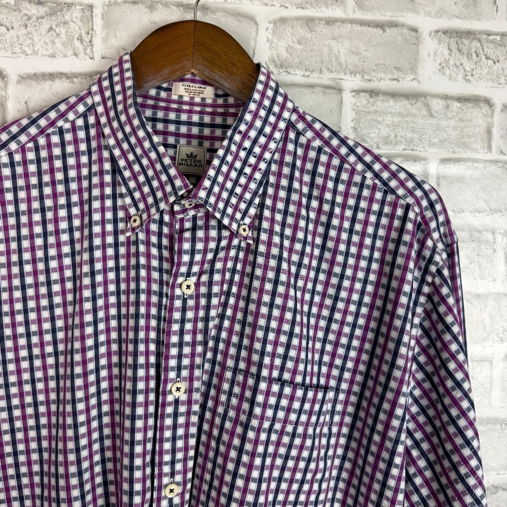 Peter Millar Fuchsia & Navy Plaid Pocket Long Sleeve Button Down Shirt Mens XL